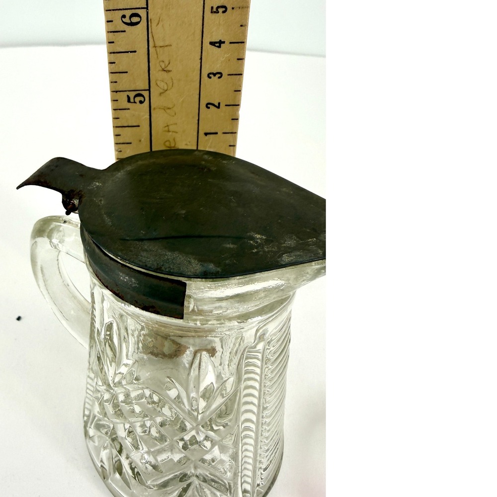 Vintage EAPG Pressed Glass Syrup Pitcher Metal Lid 4.75" Early American Pattern‎ - Picture 6 of 7